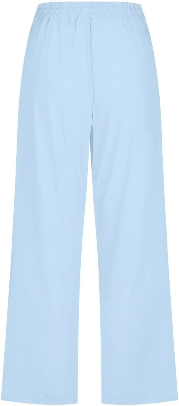 Linen Capri Pants for Women High Waisted Wide Leg Linen Palazzo Trousers with Pockets Drawstring Loose Flowy Pants