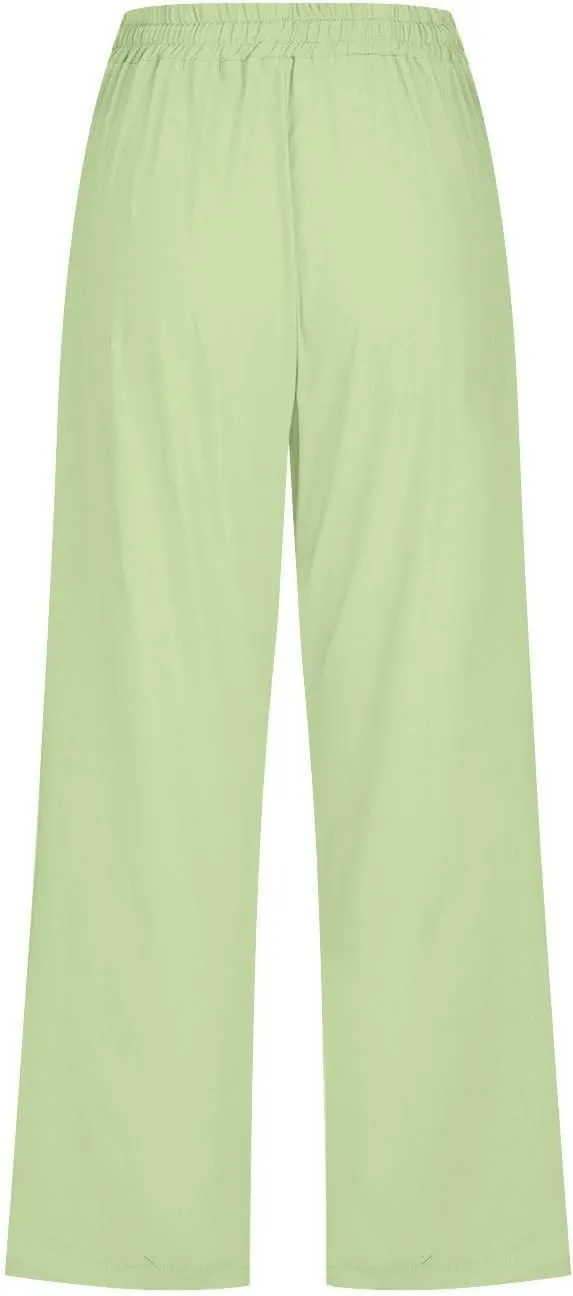 Linen Capri Pants for Women High Waisted Wide Leg Linen Palazzo Trousers with Pockets Drawstring Loose Flowy Pants