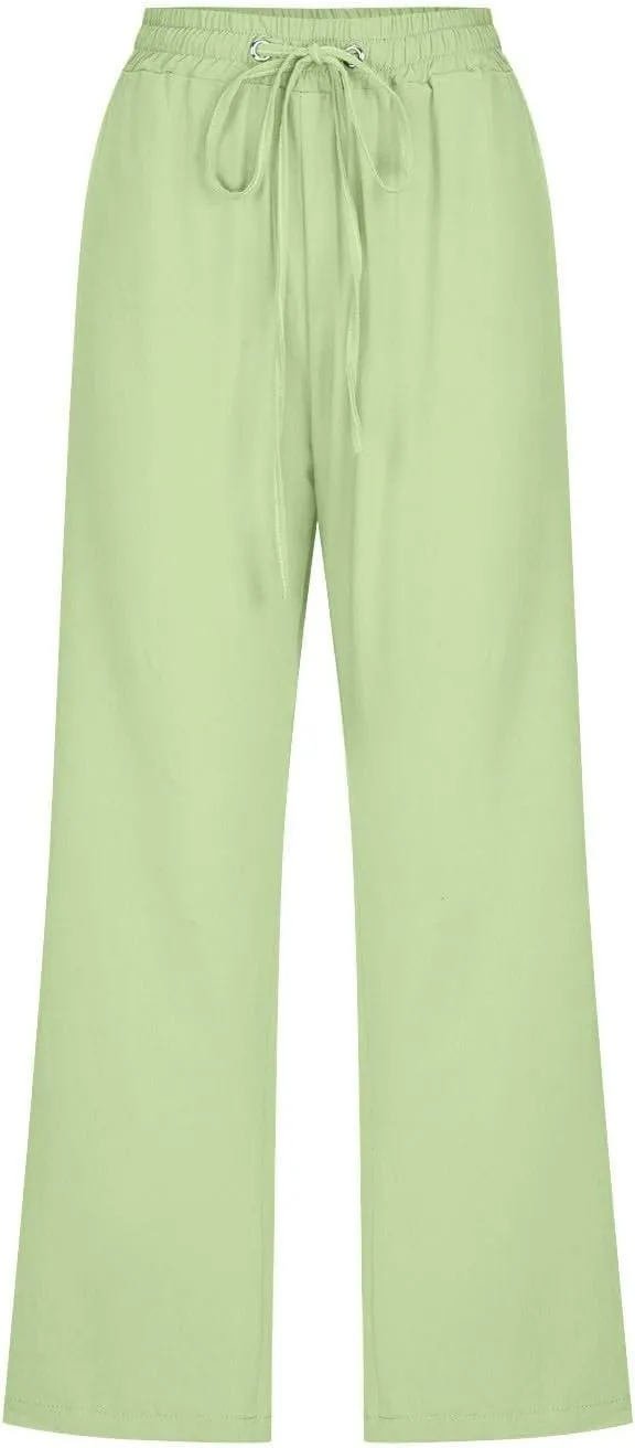 Linen Capri Pants for Women High Waisted Wide Leg Linen Palazzo Trousers with Pockets Drawstring Loose Flowy Pants
