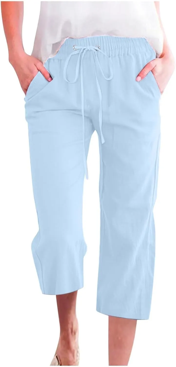 Linen Capri Pants for Women High Waisted Wide Leg Linen Palazzo Trousers with Pockets Drawstring Loose Flowy Pants