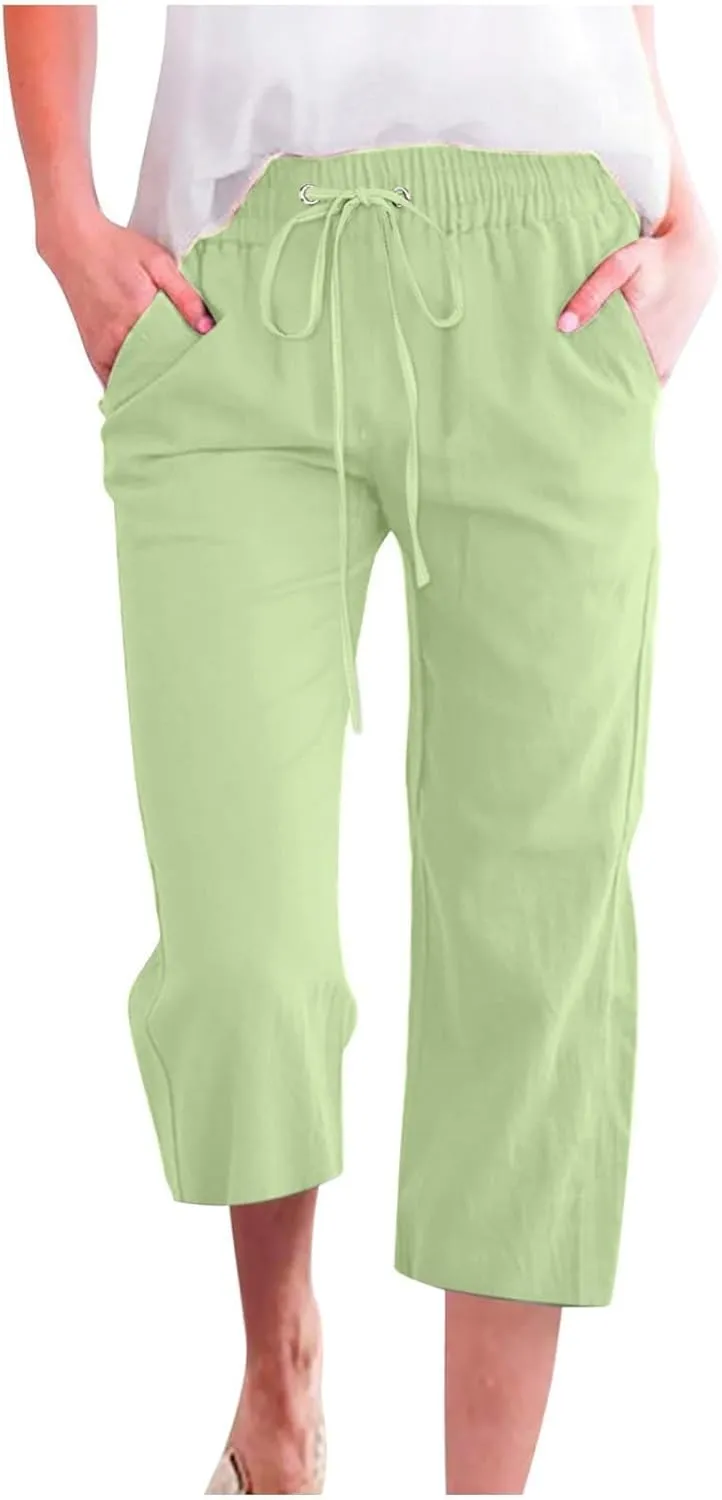 Linen Capri Pants for Women High Waisted Wide Leg Linen Palazzo Trousers with Pockets Drawstring Loose Flowy Pants