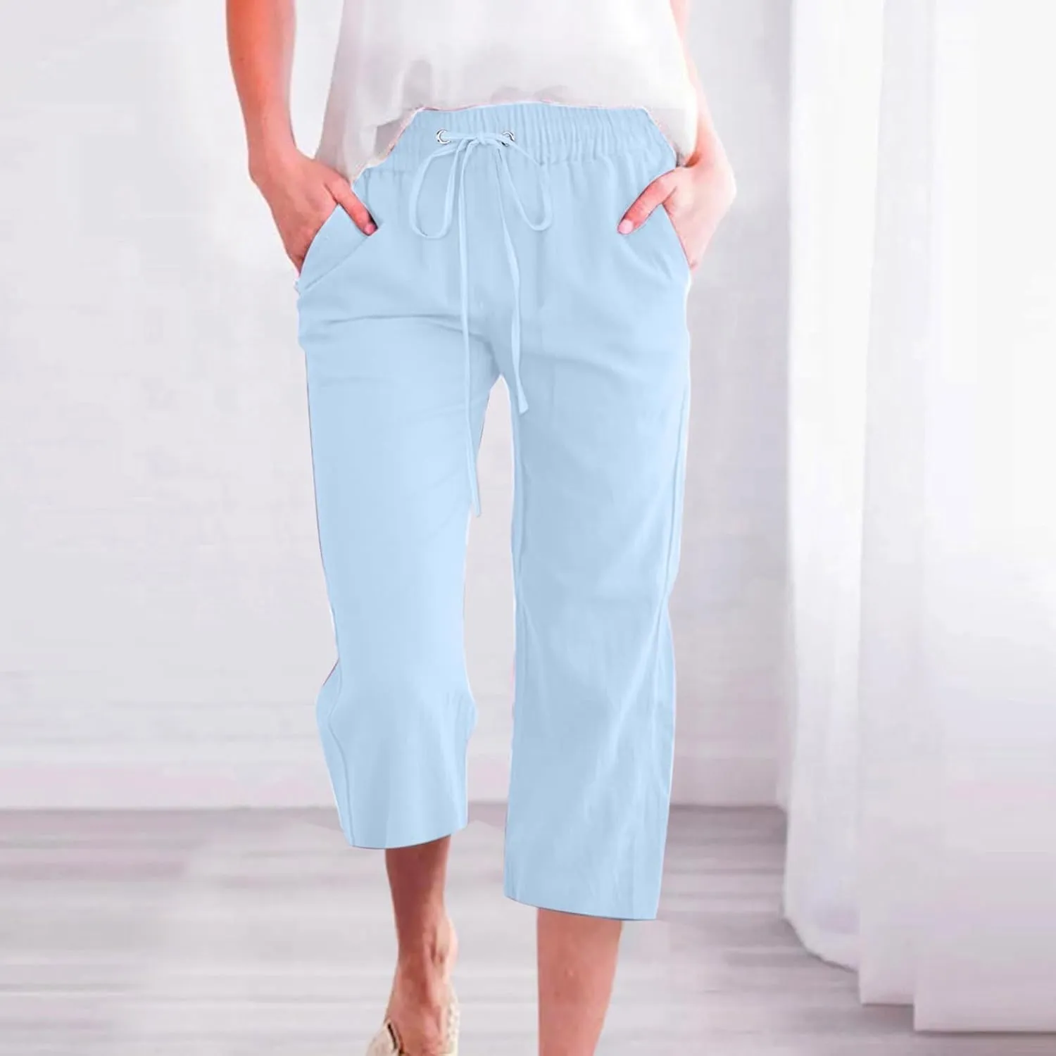 Linen Capri Pants for Women High Waisted Wide Leg Linen Palazzo Trousers with Pockets Drawstring Loose Flowy Pants