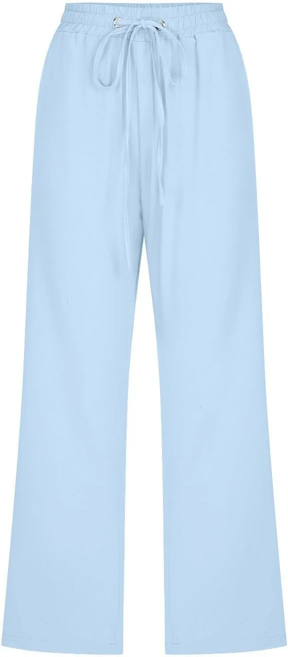 Linen Capri Pants for Women High Waisted Wide Leg Linen Palazzo Trousers with Pockets Drawstring Loose Flowy Pants