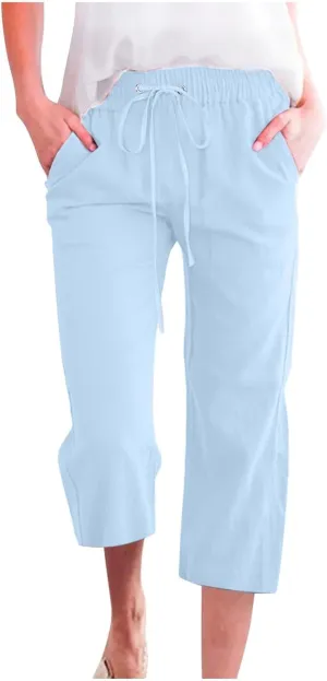 Linen Capri Pants for Women High Waisted Wide Leg Linen Palazzo Trousers with Pockets Drawstring Loose Flowy Pants