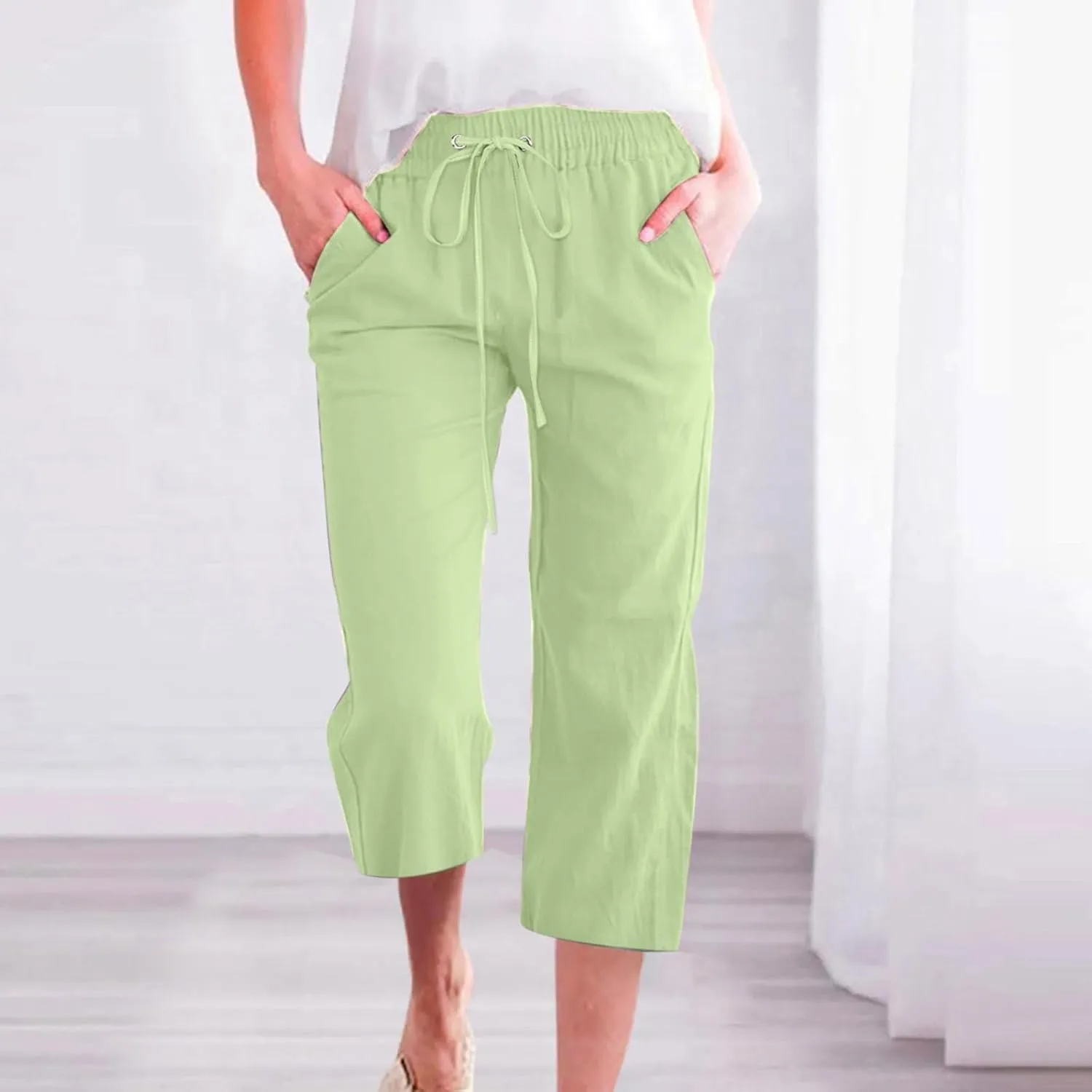 Linen Capri Pants for Women High Waisted Wide Leg Linen Palazzo Trousers with Pockets Drawstring Loose Flowy Pants