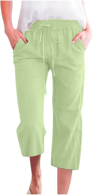 Linen Capri Pants for Women High Waisted Wide Leg Linen Palazzo Trousers with Pockets Drawstring Loose Flowy Pants