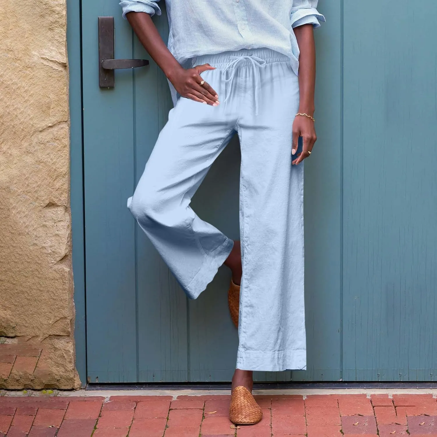 Linen Palazzo Pants for Women Casual Drawstring High Waisted Cropped Wide Leg Pants Flowy Beach Capris with Pockets