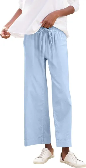 Linen Palazzo Pants for Women Casual Drawstring High Waisted Cropped Wide Leg Pants Flowy Beach Capris with Pockets