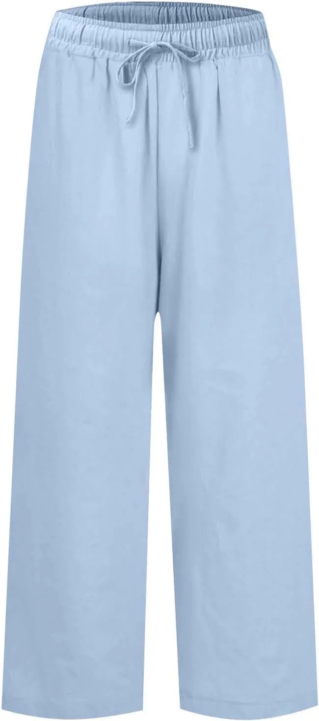 Linen Palazzo Pants for Women Casual Drawstring High Waisted Cropped Wide Leg Pants Flowy Beach Capris with Pockets