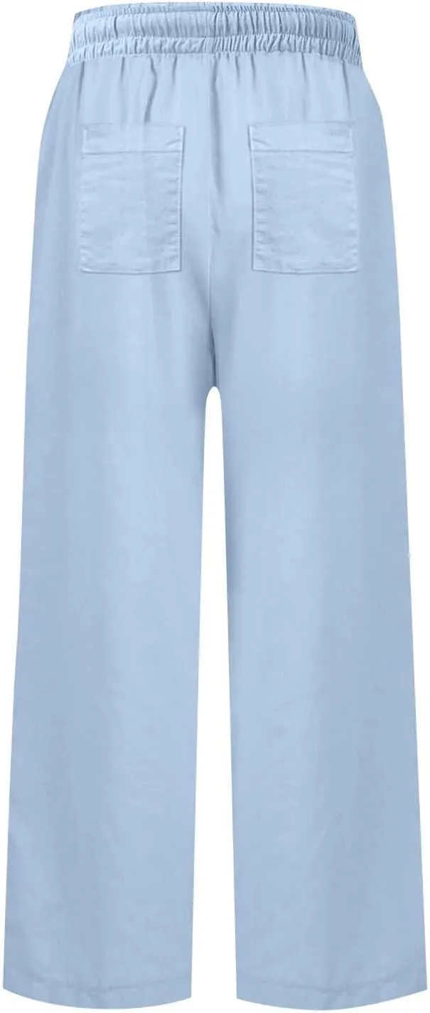 Linen Palazzo Pants for Women Casual Drawstring High Waisted Cropped Wide Leg Pants Flowy Beach Capris with Pockets