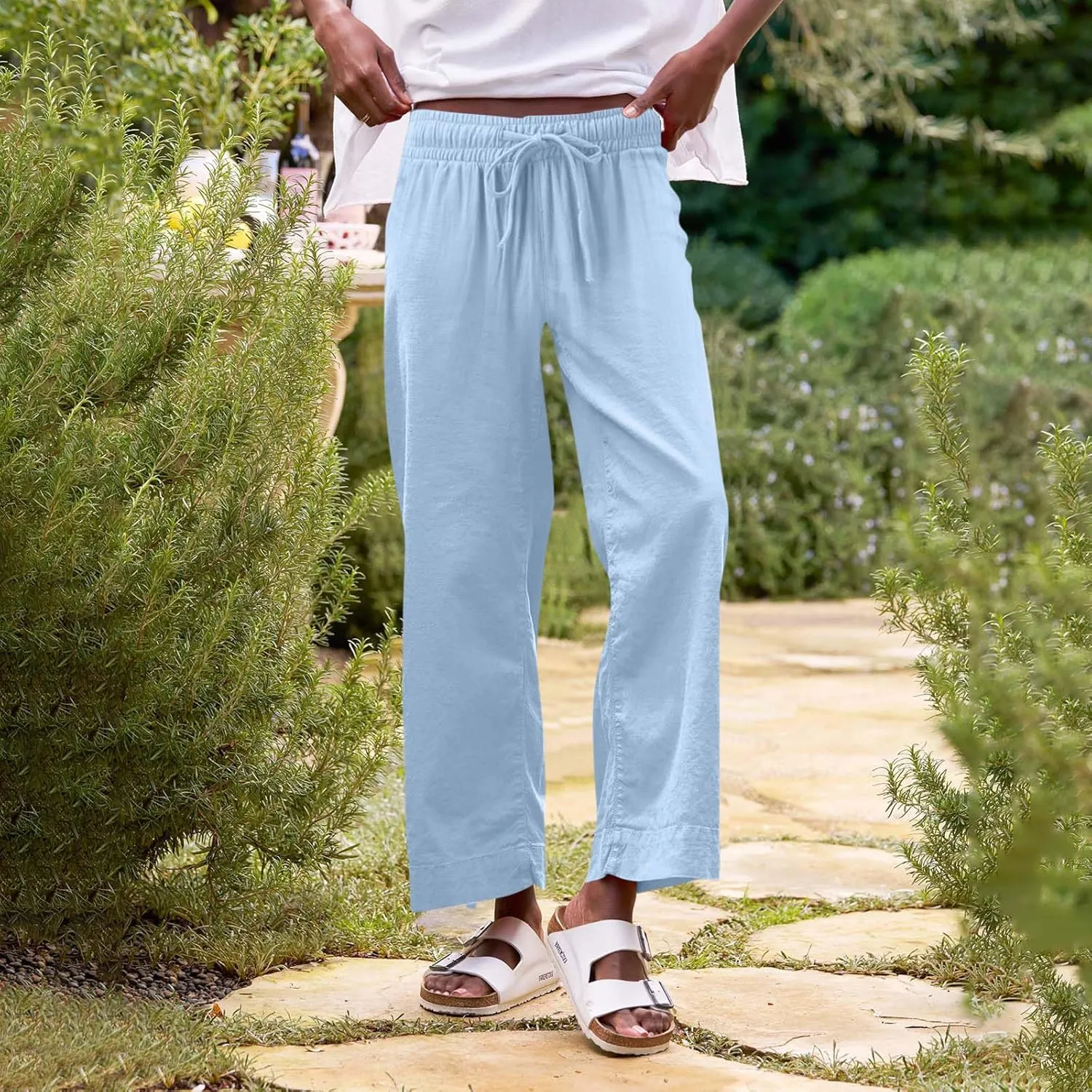 Linen Palazzo Pants for Women Casual Drawstring High Waisted Cropped Wide Leg Pants Flowy Beach Capris with Pockets