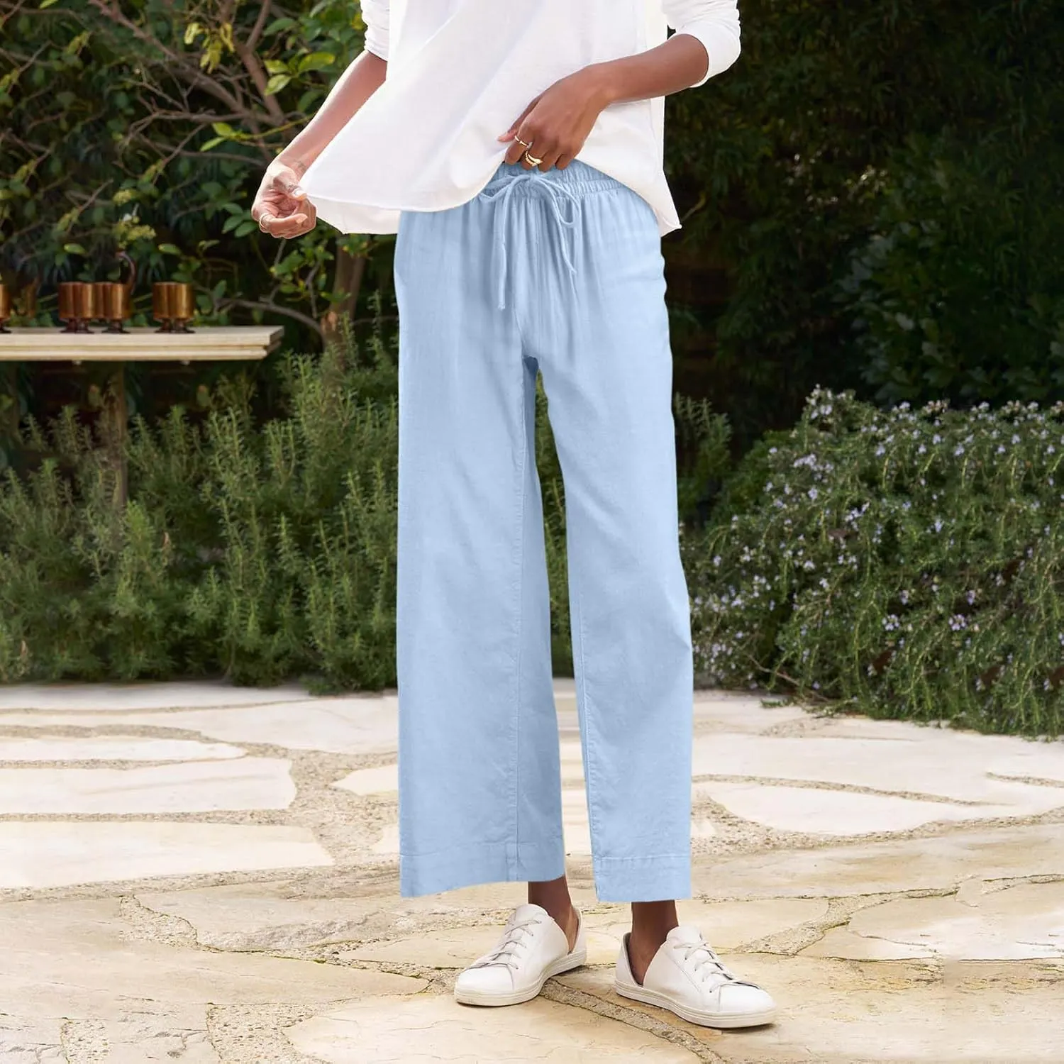 Linen Palazzo Pants for Women Casual Drawstring High Waisted Cropped Wide Leg Pants Flowy Beach Capris with Pockets