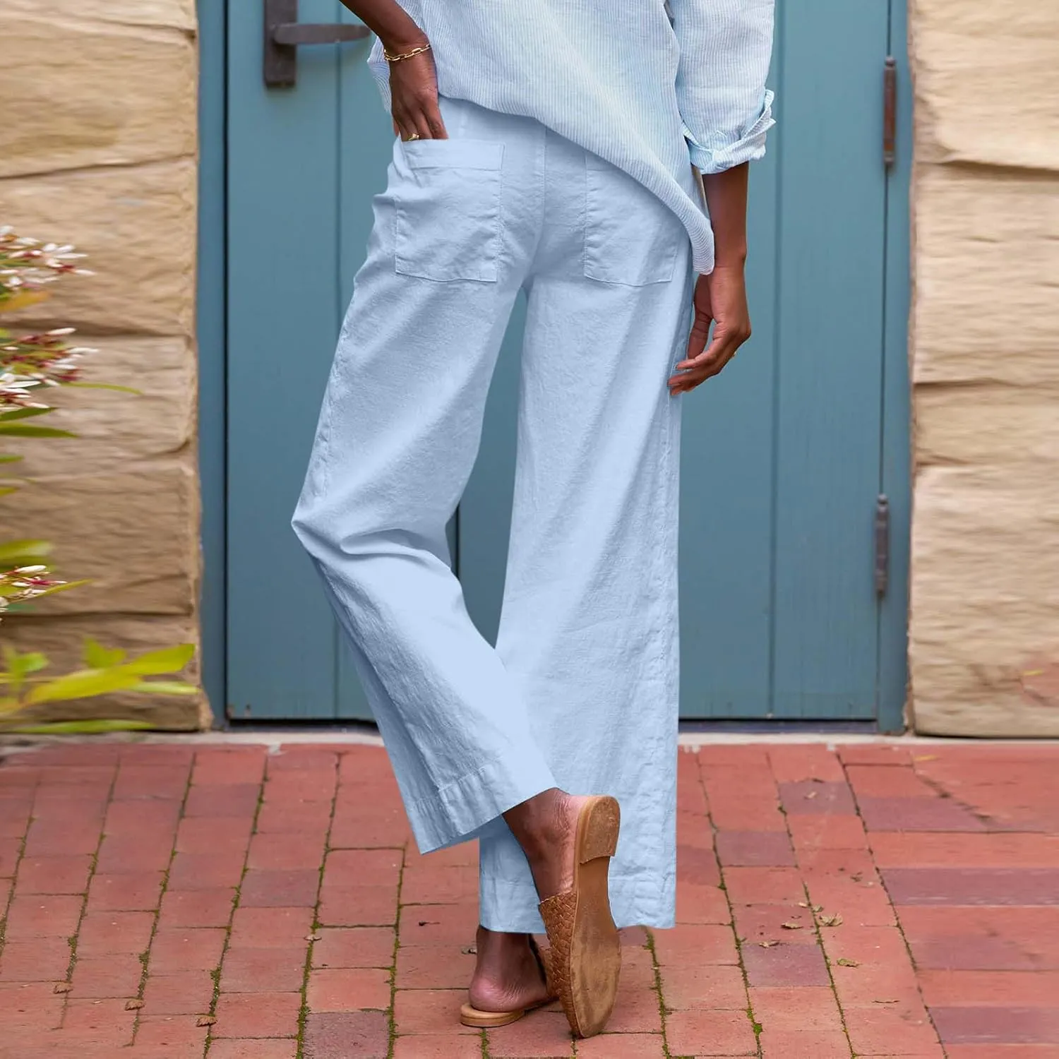 Linen Palazzo Pants for Women Casual Drawstring High Waisted Cropped Wide Leg Pants Flowy Beach Capris with Pockets