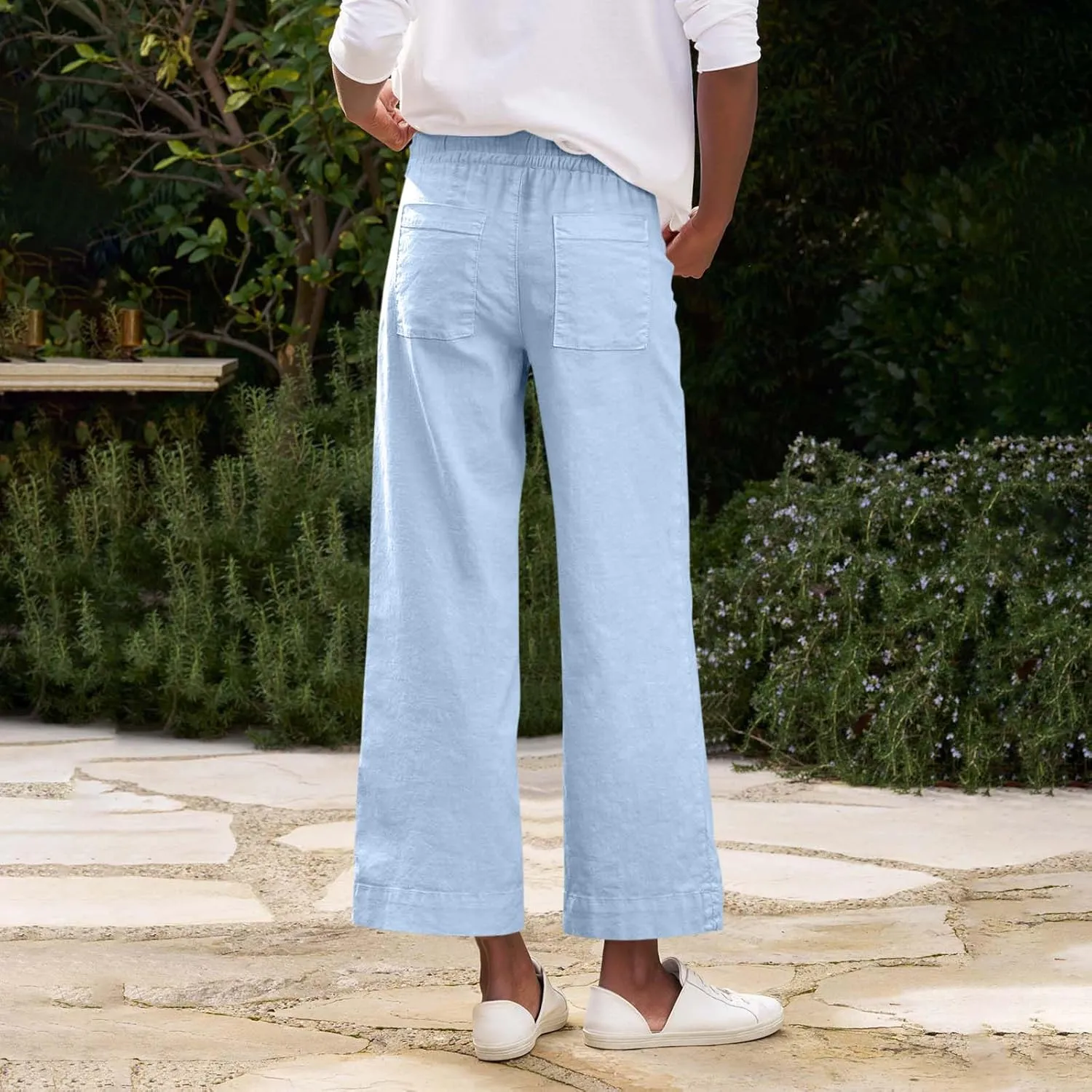 Linen Palazzo Pants for Women Casual Drawstring High Waisted Cropped Wide Leg Pants Flowy Beach Capris with Pockets