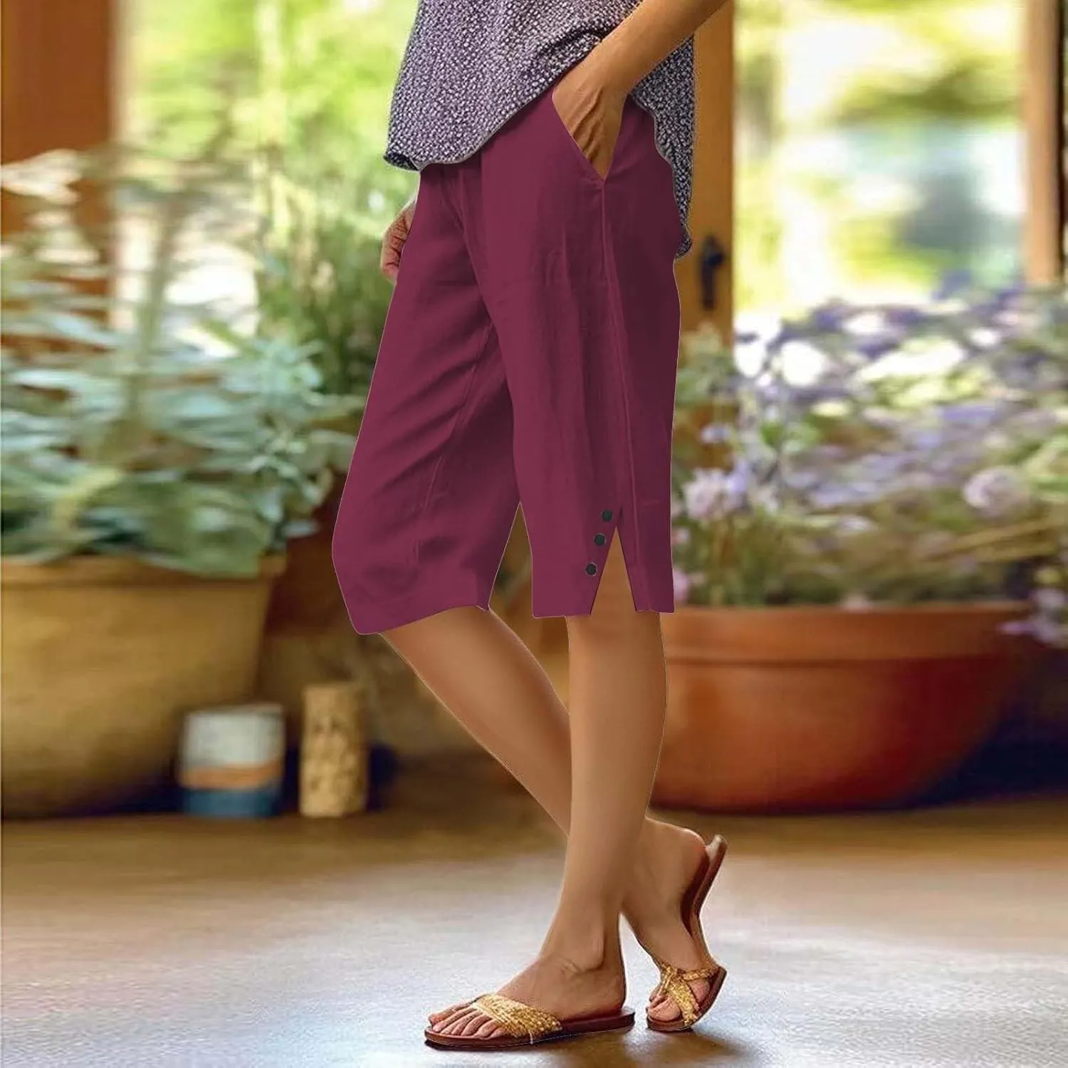 Linen Pants Cropped Pants Cotton Linen Elastic Waist Trousers Casual Loose Business Work Lounge Long Trousers