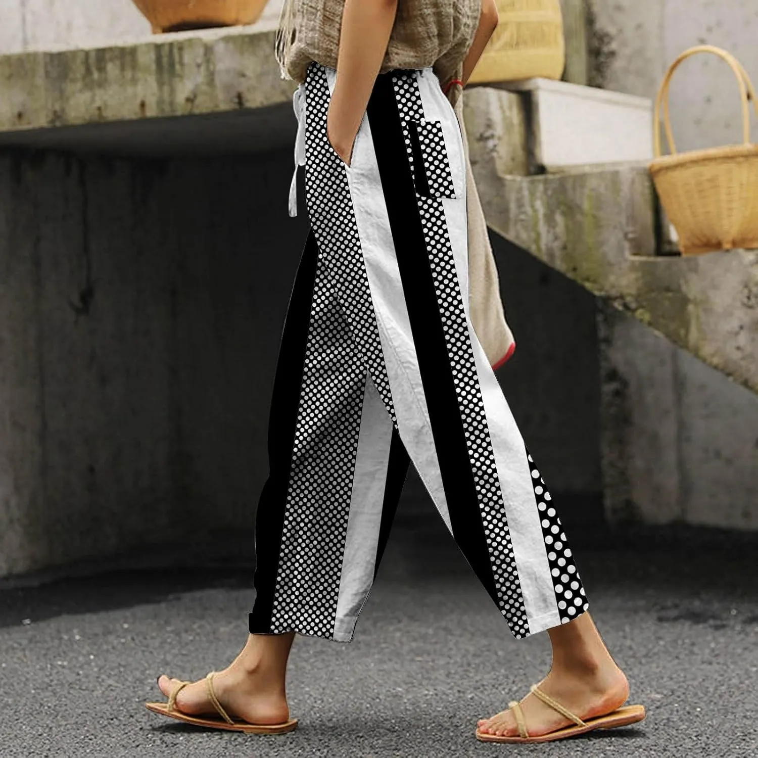 Linen Pants for Women 2025 Summer High Waist Elastic Straight Leg Lounge Pant Color Block Lightweight Beach Trousers