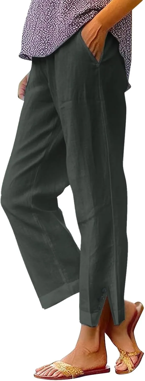 Linen Pants for Women Elastic Pants Long Linen Women Cotton Casual Slit Trouser Pants with Pockets Summer 2025