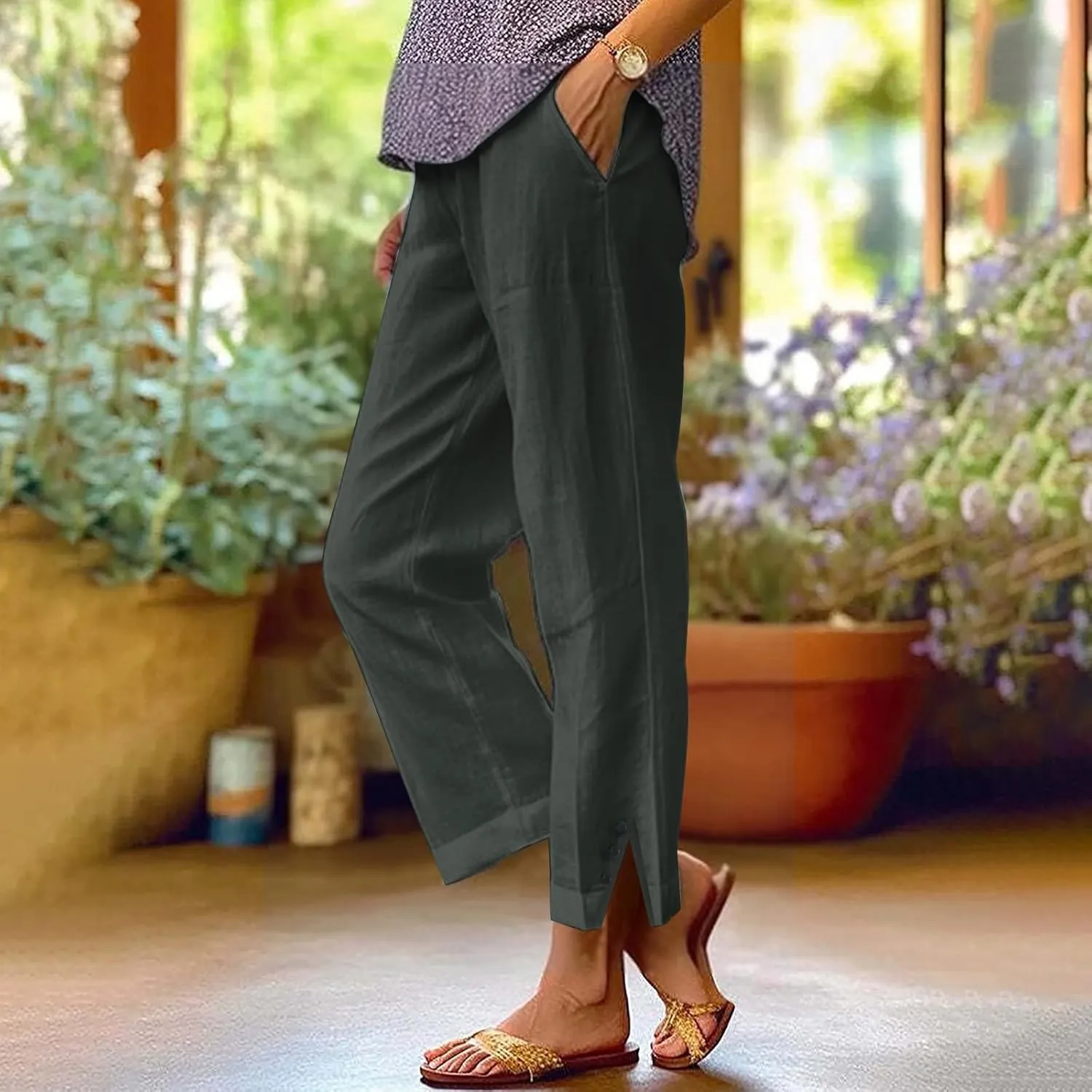 Linen Pants for Women Elastic Pants Long Linen Women Cotton Casual Slit Trouser Pants with Pockets Summer 2025