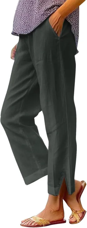 Linen Pants for Women Elastic Pants Long Linen Women Cotton Casual Slit Trouser Pants with Pockets Summer 2025
