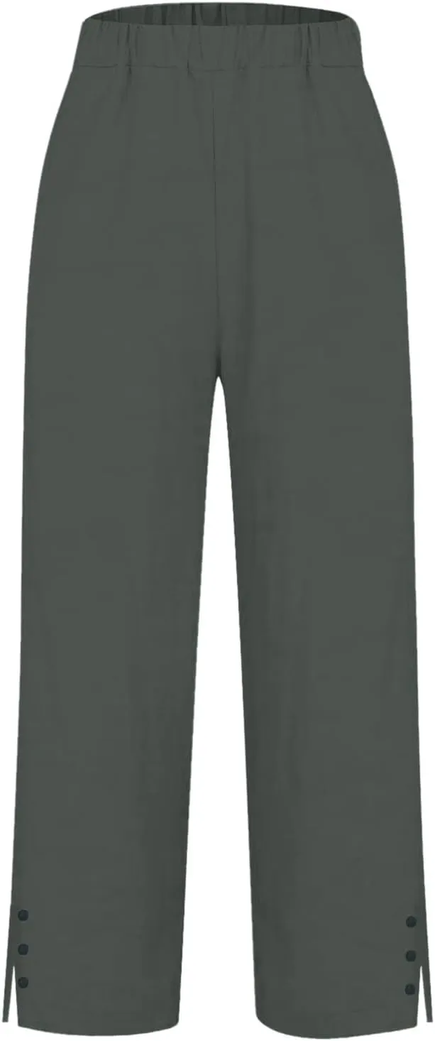 Linen Pants for Women Elastic Pants Long Linen Women Cotton Casual Slit Trouser Pants with Pockets Summer 2025