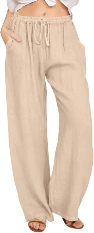 Linen Pants for Women Summer Casual Solid Color Loose Fit Palazzo Trousers Stretch Wide Leg Pants Cropped Pants
