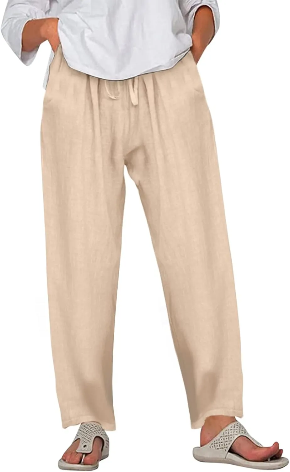 Linen Pants for Women Summer Casual Solid Color Loose Fit Palazzo Trousers Stretch Wide Leg Pants Cropped Pants