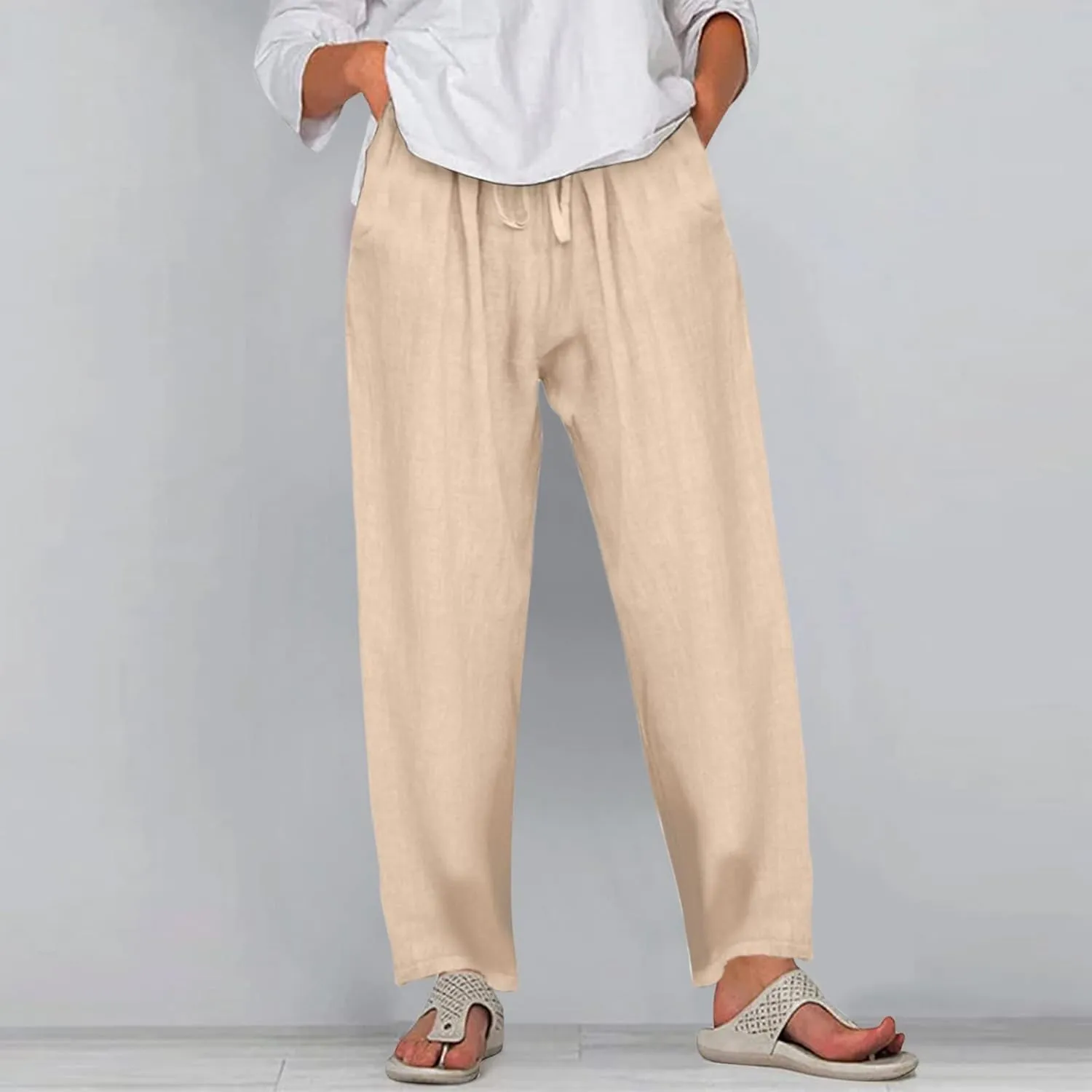 Linen Pants for Women Summer Casual Solid Color Loose Fit Palazzo Trousers Stretch Wide Leg Pants Cropped Pants