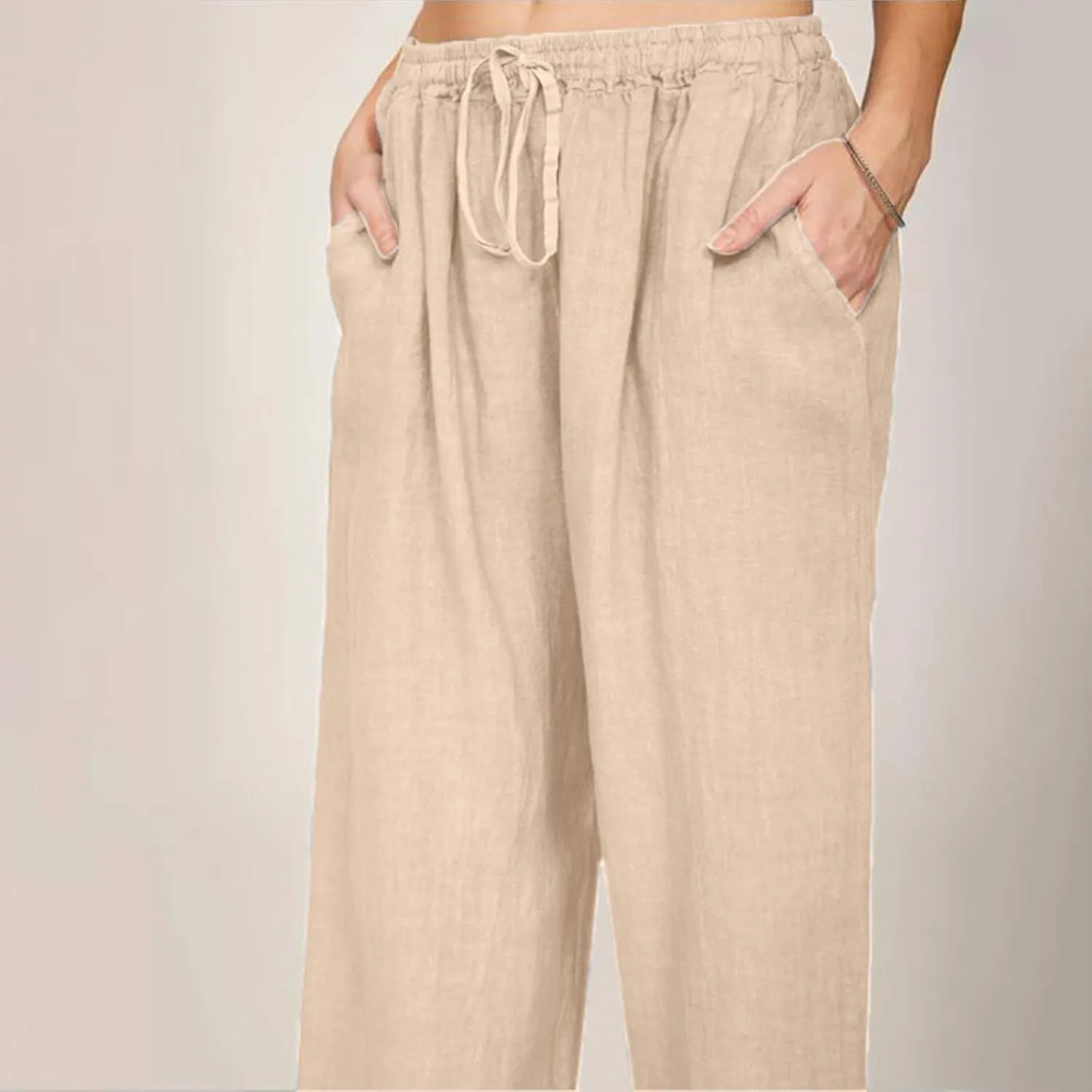 Linen Pants for Women Summer Casual Solid Color Loose Fit Palazzo Trousers Stretch Wide Leg Pants Cropped Pants