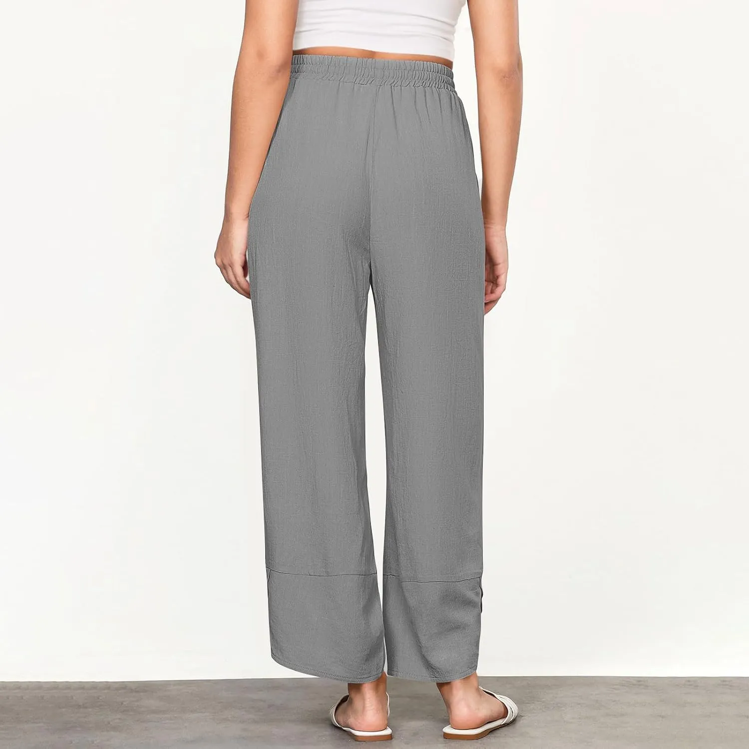 Linen Pants for Women Summer High Waist Drawstring Wide Leg Pants Baggy Cotton Cropped Lounge Trousers with Pockets