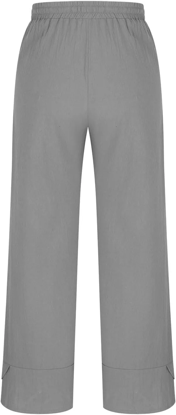 Linen Pants for Women Summer High Waist Drawstring Wide Leg Pants Baggy Cotton Cropped Lounge Trousers with Pockets