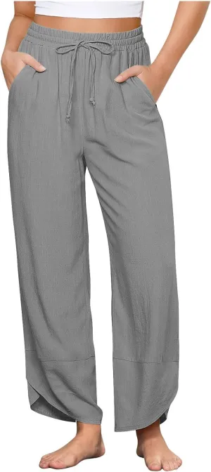 Linen Pants for Women Summer High Waist Drawstring Wide Leg Pants Baggy Cotton Cropped Lounge Trousers with Pockets
