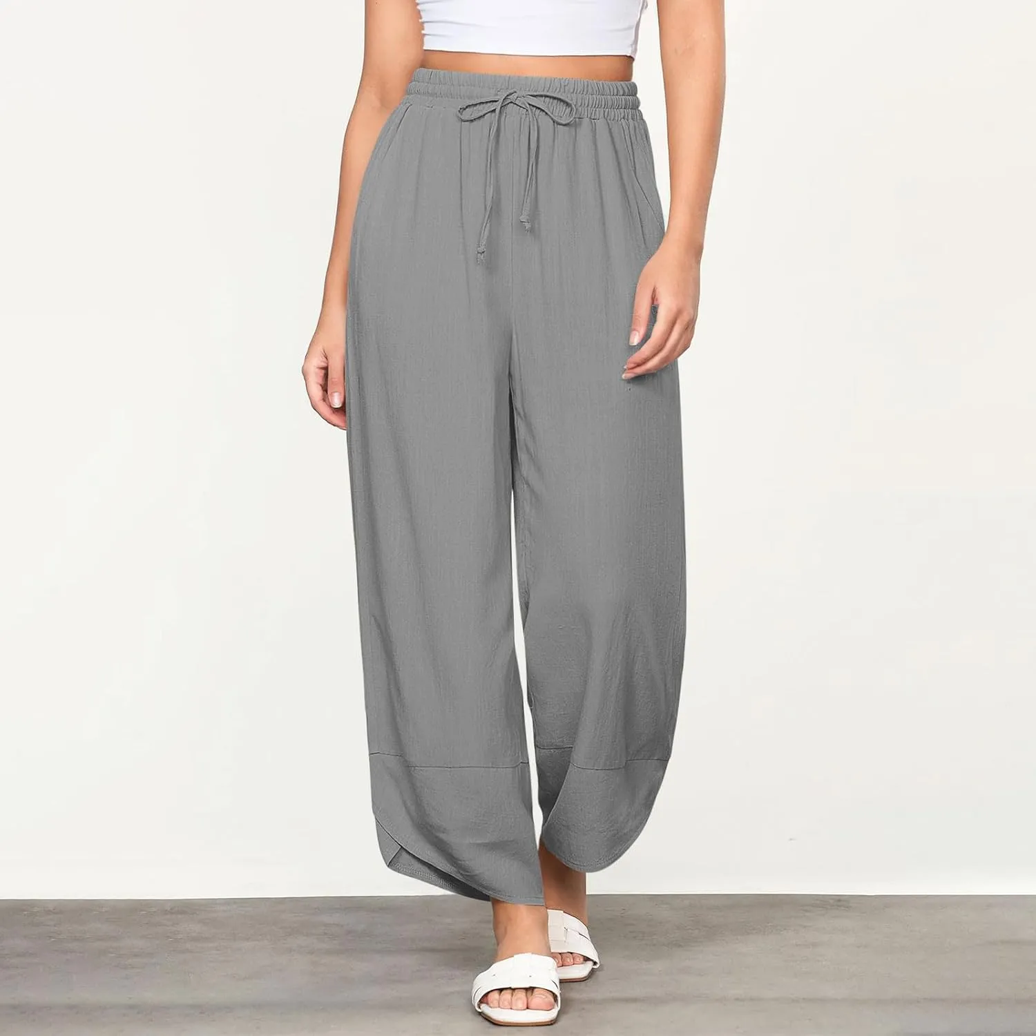 Linen Pants for Women Summer High Waist Drawstring Wide Leg Pants Baggy Cotton Cropped Lounge Trousers with Pockets