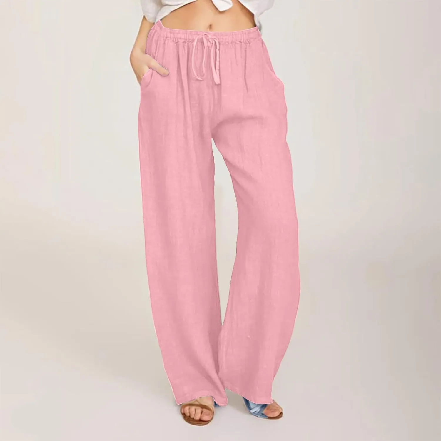 Linen Pants for Women's Summer Drawstring Wide Leg Loose Comfort Casual Cotton Linen Palazzo Pant Beach Yoga Trousers