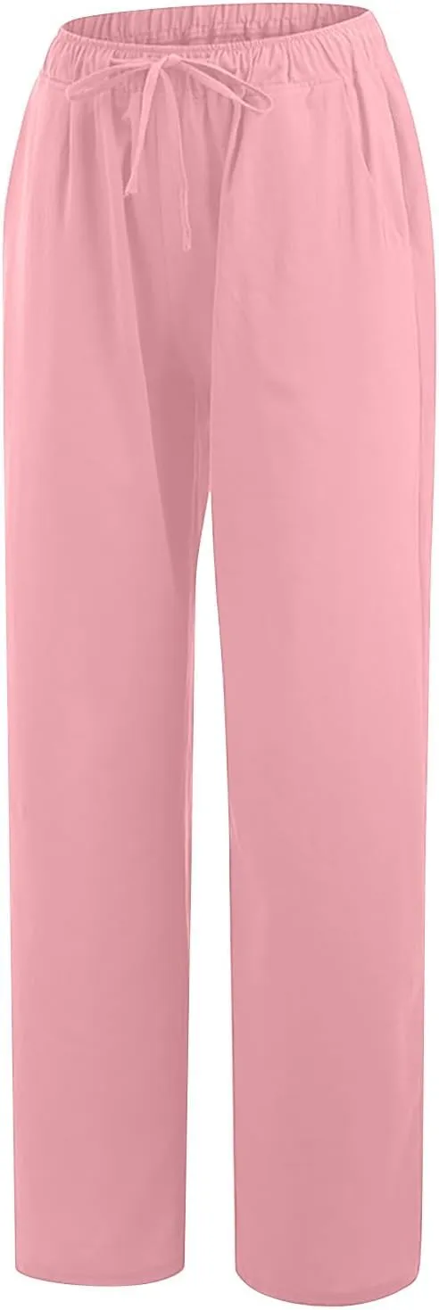 Linen Pants for Women's Summer Drawstring Wide Leg Loose Comfort Casual Cotton Linen Palazzo Pant Beach Yoga Trousers
