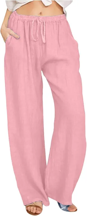 Linen Pants for Women's Summer Drawstring Wide Leg Loose Comfort Casual Cotton Linen Palazzo Pant Beach Yoga Trousers