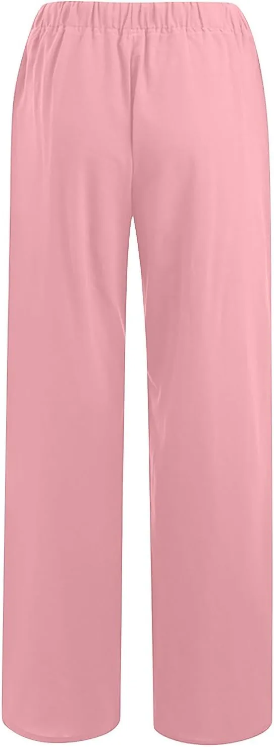 Linen Pants for Women's Summer Drawstring Wide Leg Loose Comfort Casual Cotton Linen Palazzo Pant Beach Yoga Trousers