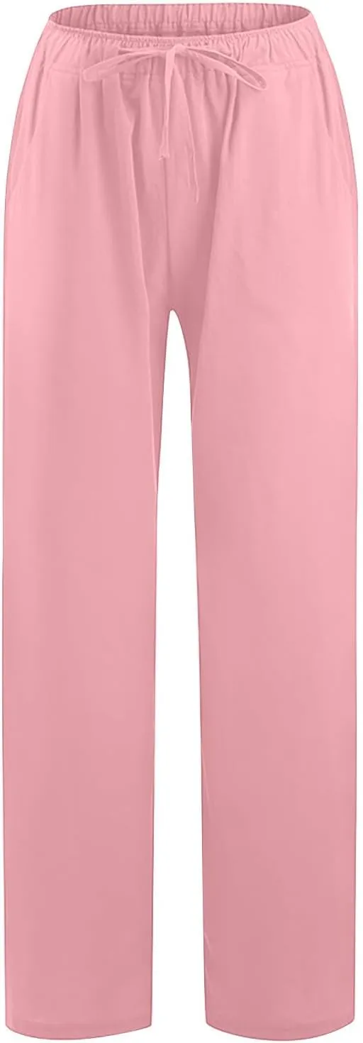 Linen Pants for Women's Summer Drawstring Wide Leg Loose Comfort Casual Cotton Linen Palazzo Pant Beach Yoga Trousers