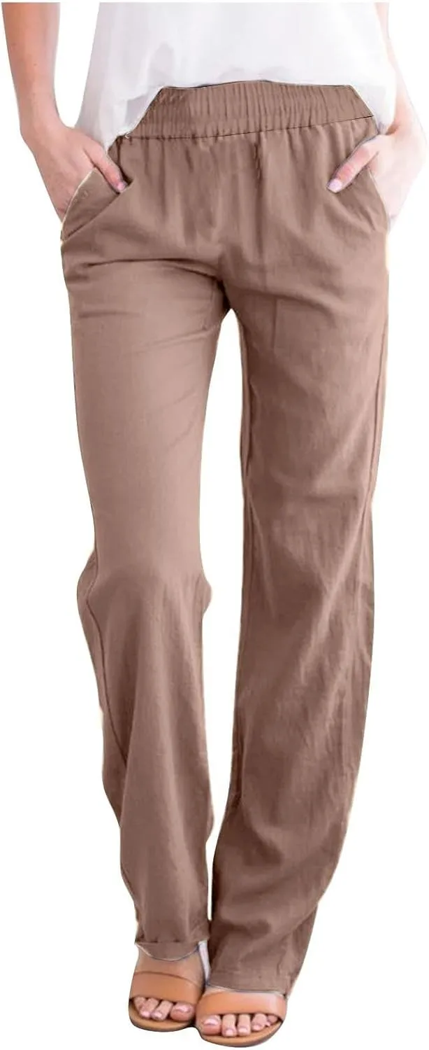 Linen Pants Women 2025 Summer Lightweight Baggy Lounge Pants Elastic High Waisted Straight Leg Pull on Pants with Pockets