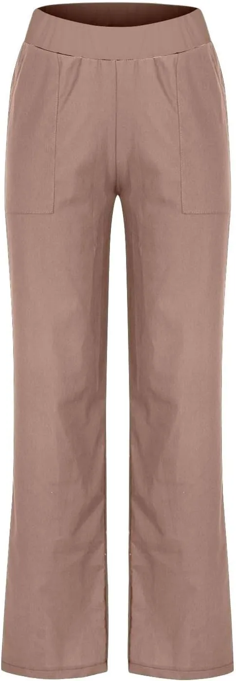 Linen Pants Women 2025 Summer Lightweight Baggy Lounge Pants Elastic High Waisted Straight Leg Pull on Pants with Pockets