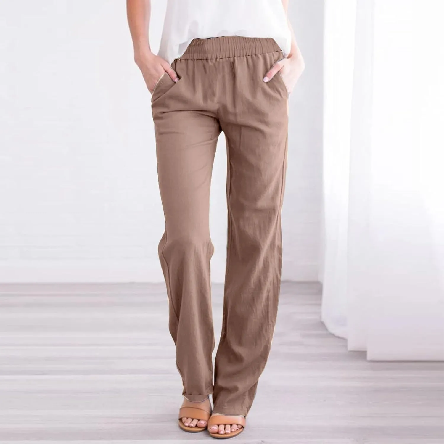 Linen Pants Women 2025 Summer Lightweight Baggy Lounge Pants Elastic High Waisted Straight Leg Pull on Pants with Pockets