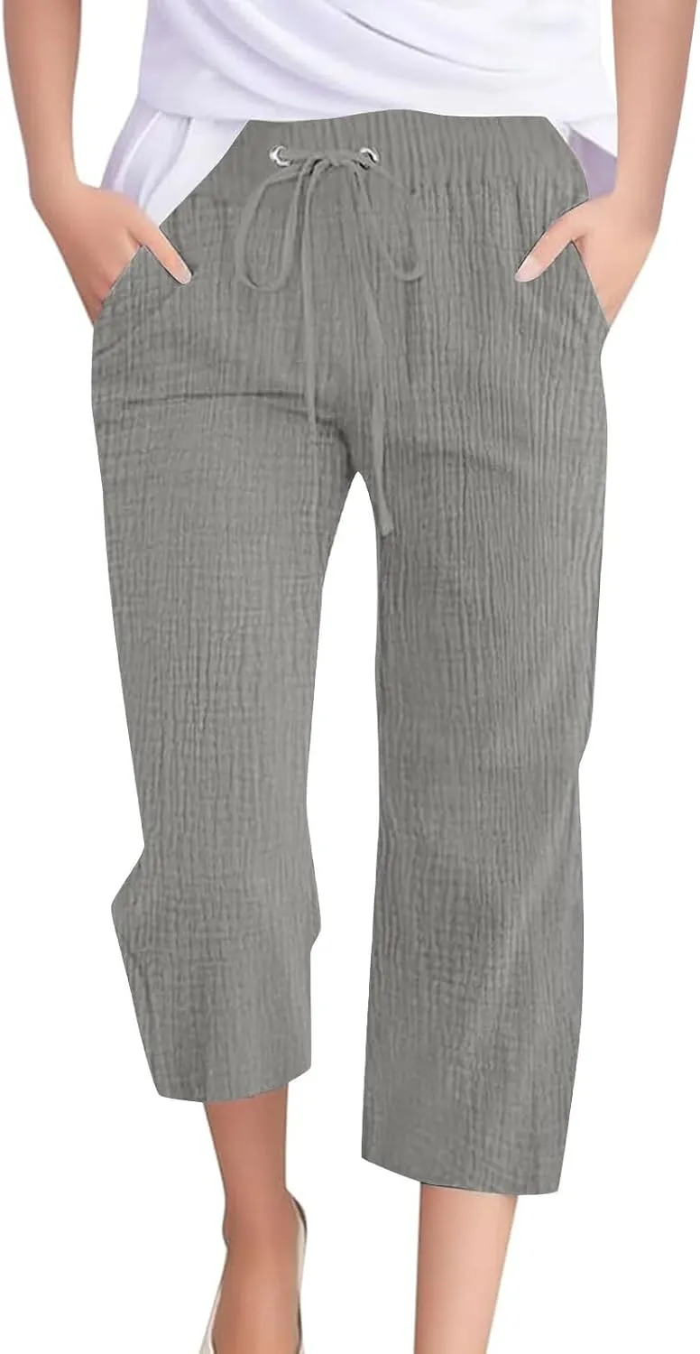 Linen Pants Women Plus Size Summer High Waisted Casual Capri Pants with Pockets Loose Beach Cropped Trousers 2025