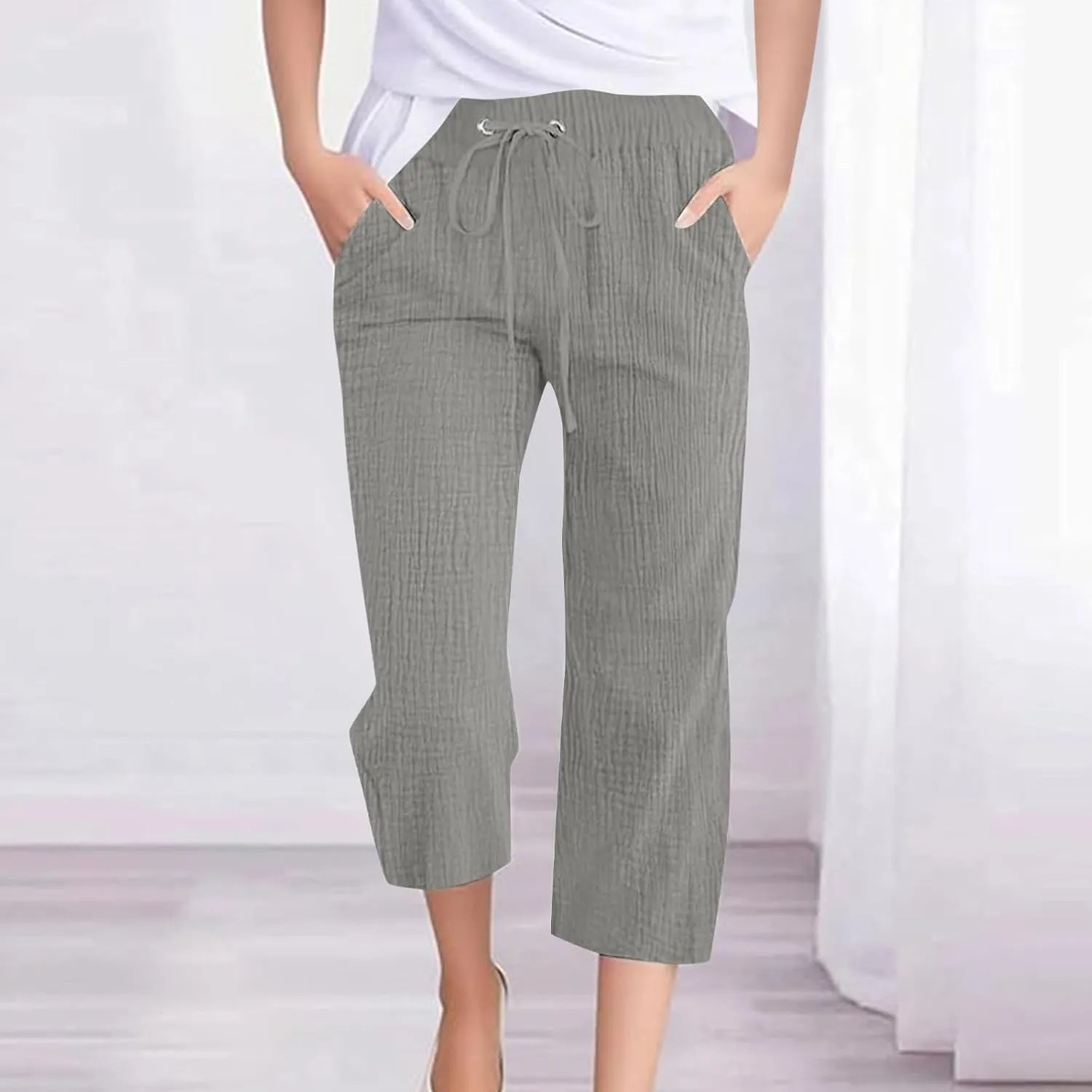 Linen Pants Women Plus Size Summer High Waisted Casual Capri Pants with Pockets Loose Beach Cropped Trousers 2025