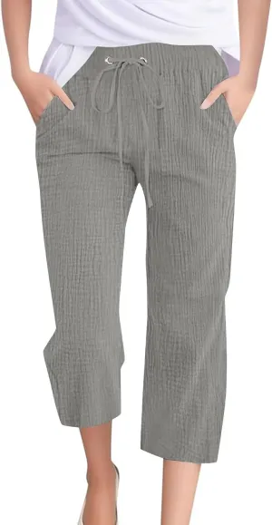 Linen Pants Women Plus Size Summer High Waisted Casual Capri Pants with Pockets Loose Beach Cropped Trousers 2025
