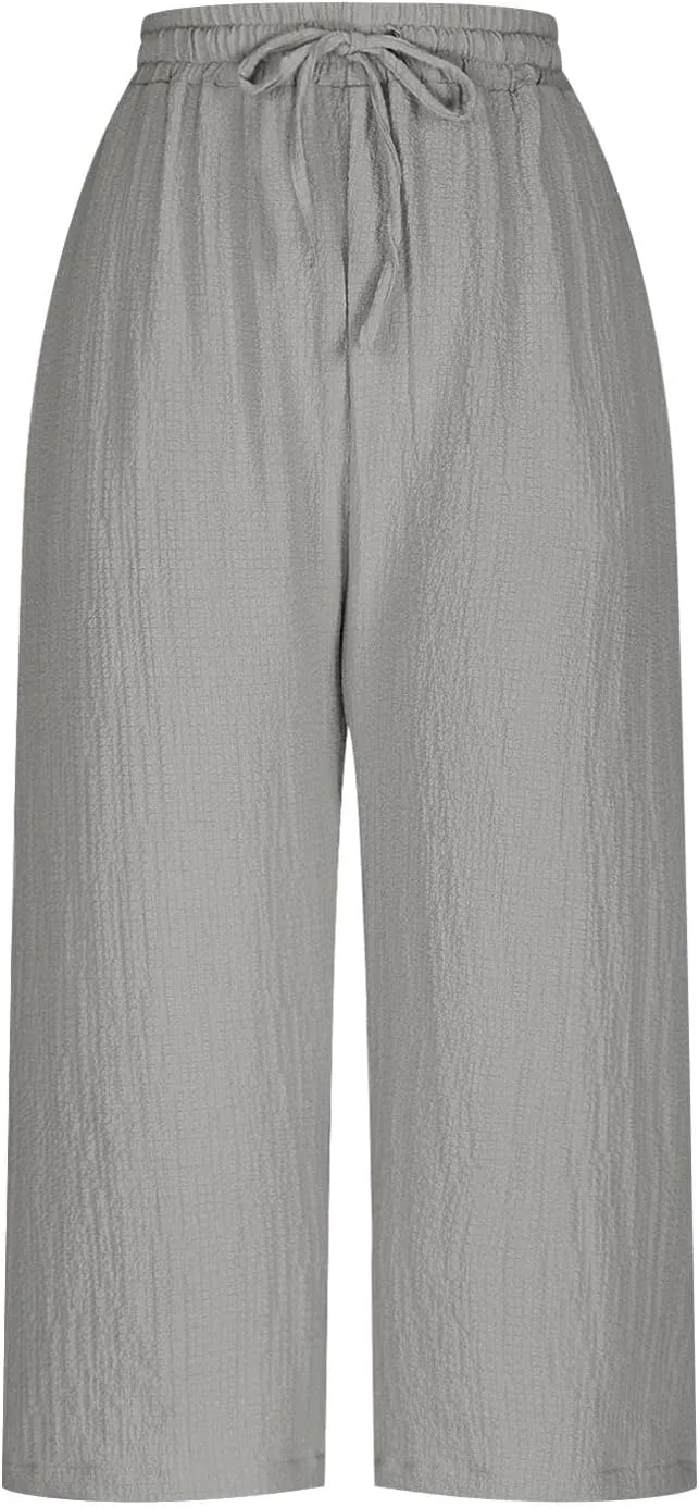 Linen Pants Women Plus Size Summer High Waisted Casual Capri Pants with Pockets Loose Beach Cropped Trousers 2025