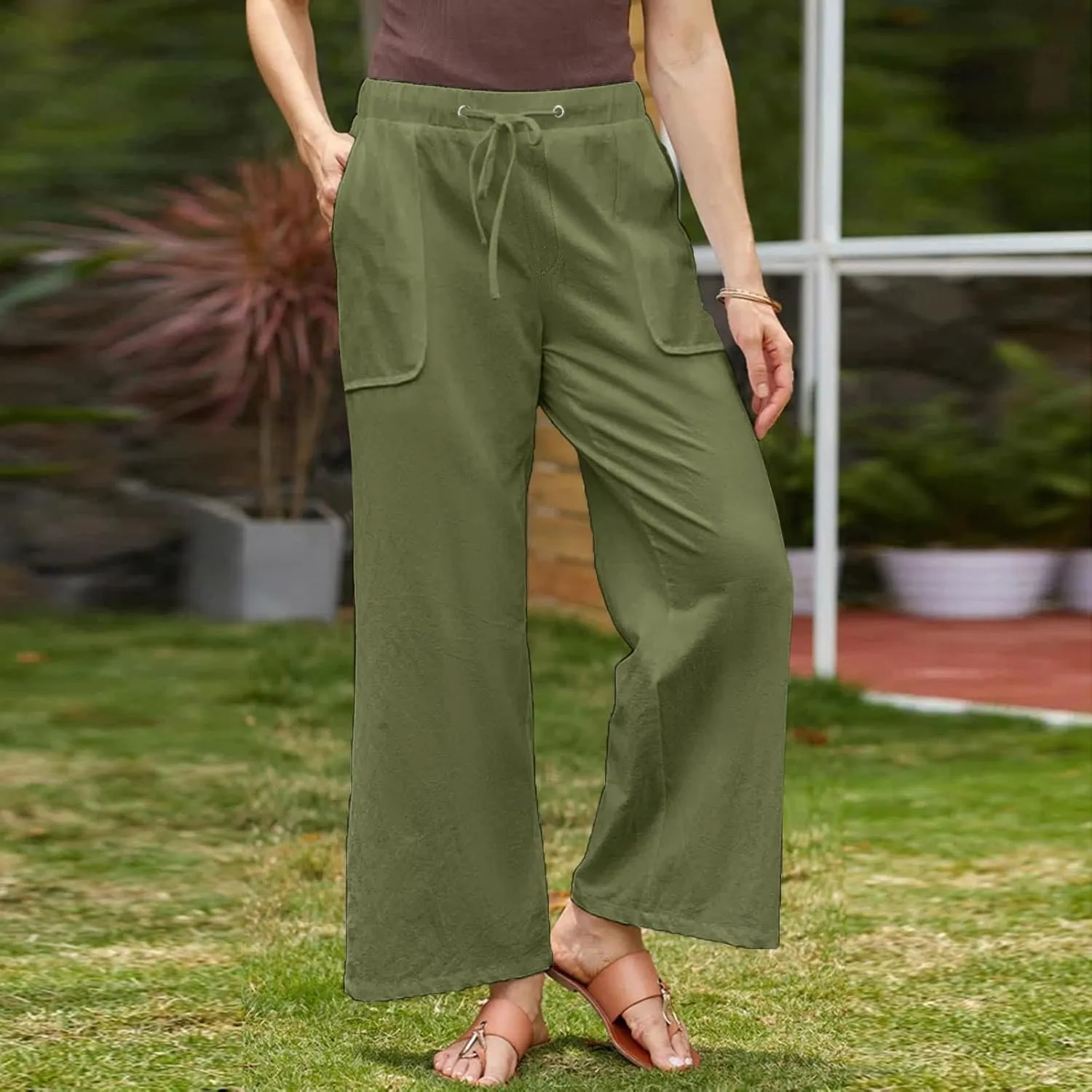 Linen Pants Women Summer Wide Leg High Waisted Casual Pant Drawstring Elastic Waist Palazzo Beach Trousers with Pockets
