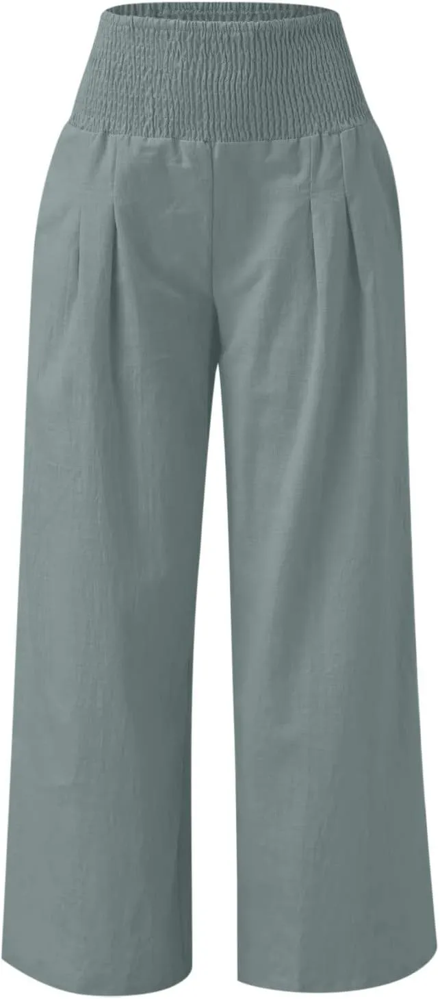 Linen Pants Women Tall High Waist Wide Leg Palazzo Boho Flowy Pants Summer Beach Vacation Lounge Trouser with Pockets