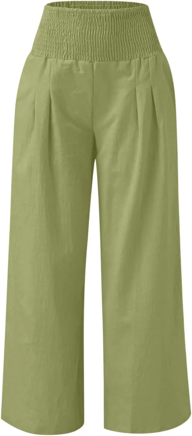 Linen Pants Women Tall High Waist Wide Leg Palazzo Boho Flowy Pants Summer Beach Vacation Lounge Trouser with Pockets