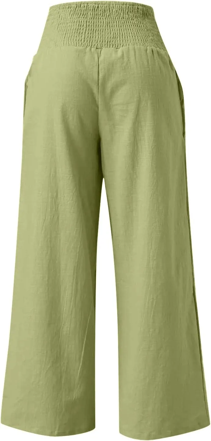 Linen Pants Women Tall High Waist Wide Leg Palazzo Boho Flowy Pants Summer Beach Vacation Lounge Trouser with Pockets