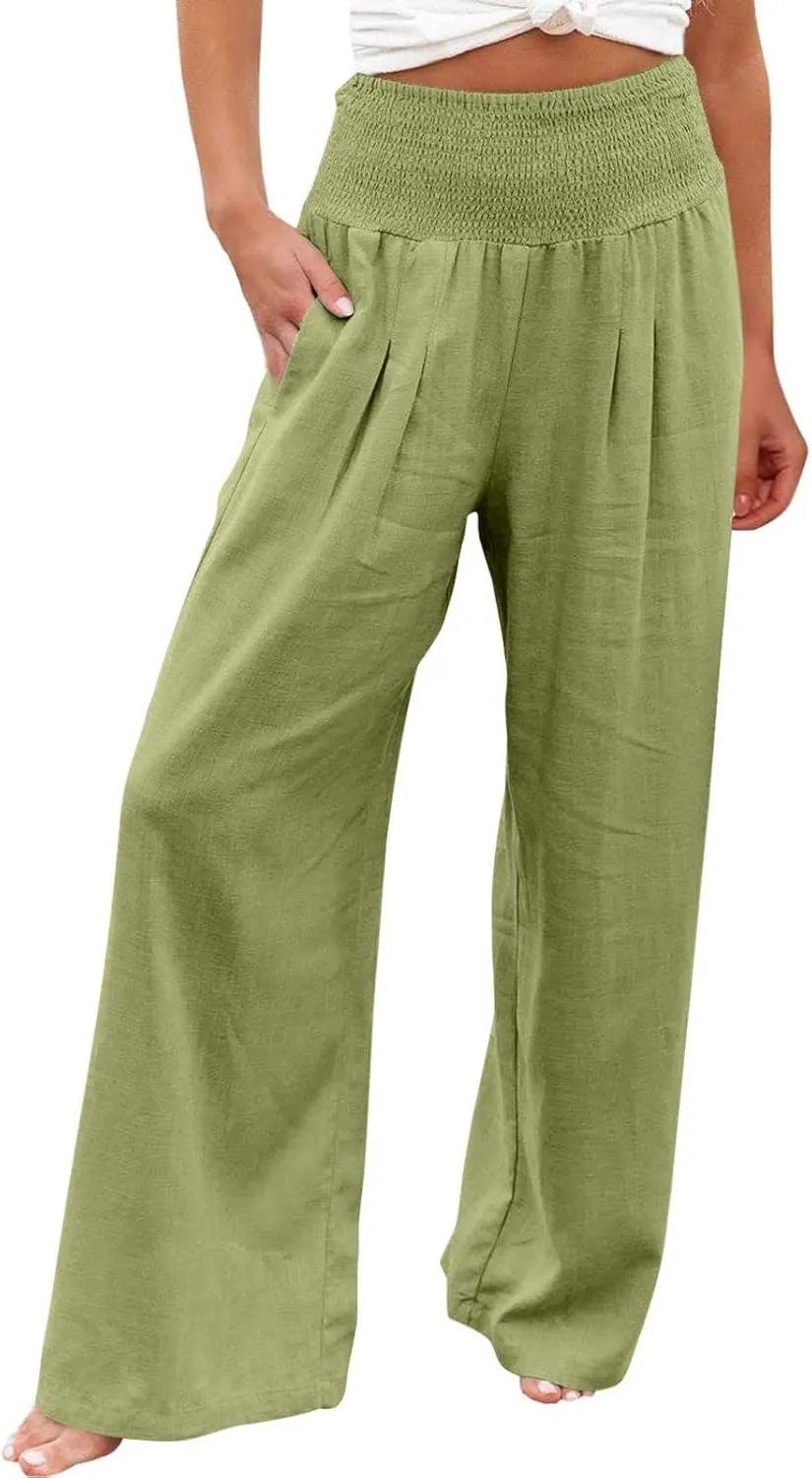 Linen Pants Women Tall High Waist Wide Leg Palazzo Boho Flowy Pants Summer Beach Vacation Lounge Trouser with Pockets