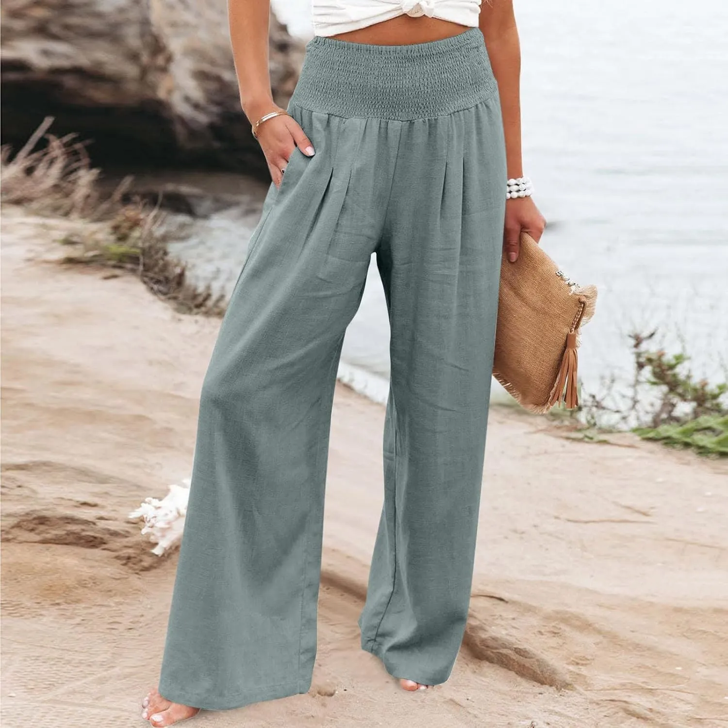 Linen Pants Women Tall High Waist Wide Leg Palazzo Boho Flowy Pants Summer Beach Vacation Lounge Trouser with Pockets